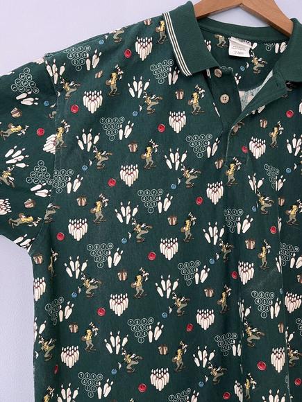 VTG Goofy Bowling Polo Shirt AOP The Disney Catalog Green Bowler Pins Mens XL - Picture 3 of 9